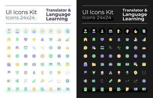 Translator and language learning flat color ui icons set for dark, light mode. Digital program. GUI, UX design for mobile app. Vector isolated RGB pictograms