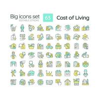 Cost of living RGB color icons set. Money expense. Price index. Basic need. Personal finance. Economic crisis. Isolated vector illustrations. Simple filled line drawings collection. Editable stroke
