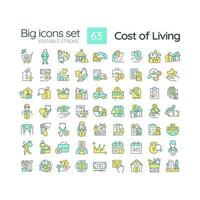 Cost of living RGB color icons set. Money expense. Price index. Basic need. Personal finance. Economic crisis. Isolated vector illustrations. Simple filled line drawings collection. Editable stroke