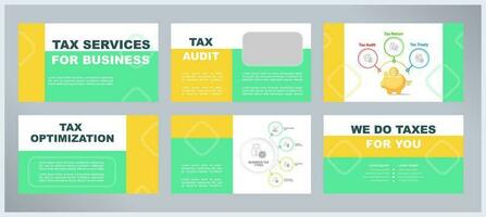 Tax services for business presentation templates set. Financial planning. Deduction optimization. Audit support. Ready made PPT slides on multicolor background. Graphic designd vector