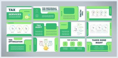 Tax services presentation templates set. Accounting solutions. Audit support. Financial advisory. Consulting firm. Ready made PPT slides on green and white background. Graphic designd vector