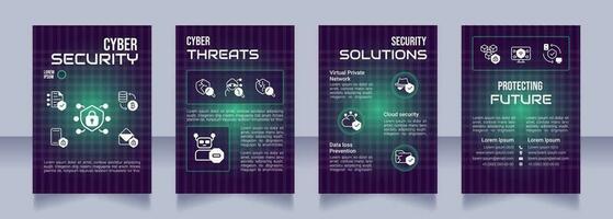 Cybersecurity purple premade brochure template. Computer science. Cybercrime prevention booklet design with icons, copy space. Editable 4 layouts vector