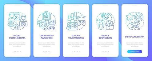 Digital marketing gamification pros blue gradient onboarding mobile app screen. Walkthrough 5 steps graphic instructions with linear concepts. UI, UX, GUI templated vector