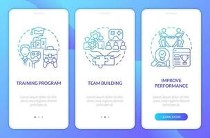 Gamification in workplace blue gradient onboarding mobile app screen. Corporate walkthrough 3 steps graphic instructions with linear concepts. UI, UX, GUI templated vector