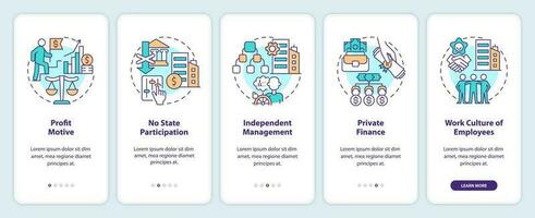 Private sector features onboarding mobile app screen. Business walkthrough 5 steps editable graphic instructions with linear concepts. UI, UX, GUI templated vector