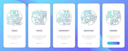 Game mechanics in gamification blue gradient onboarding mobile app screen. Walkthrough 5 steps graphic instructions with linear concepts. UI, UX, GUI templated vector