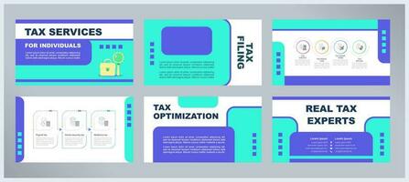 Tax services for individuals presentation templates set. Professional accountant. Bookkeeping business. Ready made PPT slides on blue and white background. Graphic designd vector