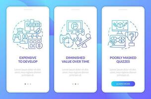 Gamification cons in e learning blue gradient onboarding mobile app screen. Walkthrough 3 steps graphic instructions with linear concepts. UI, UX, GUI templated vector