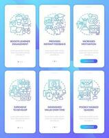 Gamification pros and cons blue gradient onboarding mobile app screens set. Walkthrough 3 steps graphic instructions with linear concepts. UI, UX, GUI templated vector