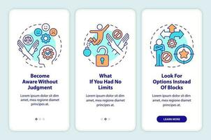 Remove limits from high level mindset onboarding mobile app screen. Walkthrough 3 steps editable graphic instructions with linear concepts. UI, UX, GUI templated vector