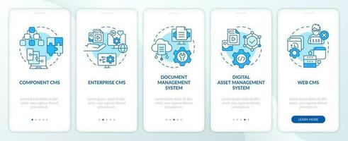 CMS platform types blue onboarding mobile app screen. Walkthrough 5 steps editable graphic instructions with linear concepts. UI, UX, GUI templated vector