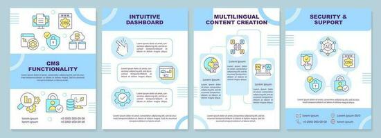 CMS functionality blue brochure template. Platform instruments. Leaflet design with linear icons. Editable 4 vector layouts for presentation, annual reports