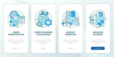 Perform CMS data transfer blue onboarding mobile app screen. Walkthrough 4 steps editable graphic instructions with linear concepts. UI, UX, GUI templated vector