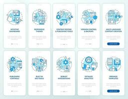 CMS platform blue onboarding mobile app screen set. Walkthrough 5 steps editable graphic instructions with linear concepts. UI, UX, GUI templated vector