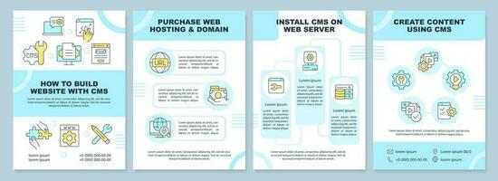 Building website with CMS turquoise brochure template. Leaflet design with linear icons. Editable 4 vector layouts for presentation, annual reports