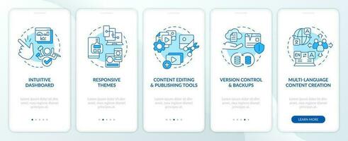 Key CMS advantages blue onboarding mobile app screen. Walkthrough 5 steps editable graphic instructions with linear concepts. UI, UX, GUI templated vector