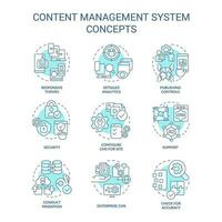 Content management system turquoise concept icons set. CMS aspects. Site platform idea thin line color illustrations. Isolated symbols. Editable stroke vector