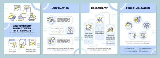 Web content management system pros purple brochure template. Leaflet design with linear icons. Editable 4 vector layouts for presentation, annual reports