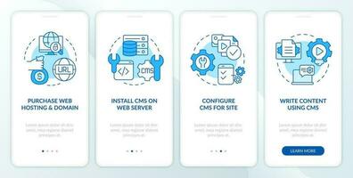 Create website with CMS platform blue onboarding mobile app screen. Walkthrough 4 steps editable graphic instructions with linear concepts. UI, UX, GUI templated vector