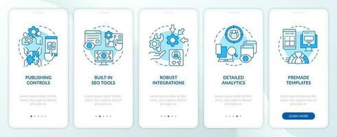 Content management system features blue onboarding mobile app screen. Walkthrough 5 steps editable graphic instructions with linear concepts. UI, UX, GUI templated vector