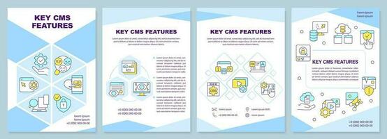 Key CMS features blue brochure template. SEO tools. Leaflet design with linear icons. Editable 4 vector layouts for presentation, annual reports