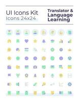 Translator flat color ui icons set. Language learning. Communication. Machine translation. GUI, UX design for mobile app. Vector isolated RGB pictograms