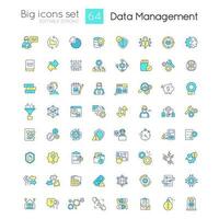 Data management RGB color icons set. Information governance. Database system. Isolated vector illustrations. Simple filled line drawings collection. Editable stroke used