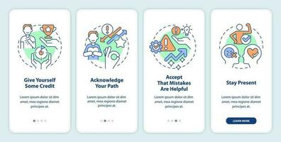 Overcome imposter syndrome tips onboarding mobile app screen. Walkthrough 4 steps editable graphic instructions with linear concepts. UI, UX, GUI templated vector