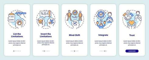 Overcoming self imposed limitations tips onboarding mobile app screen. Walkthrough 5 steps editable graphic instructions with linear concepts. UI, UX, GUI templated vector