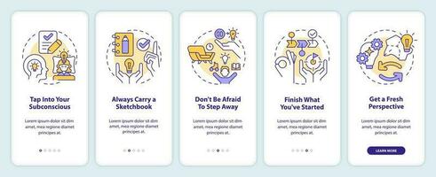 Overcome creative block tips onboarding mobile app screen. Walkthrough 5 steps editable graphic instructions with linear concepts. UI, UX, GUI templated vector