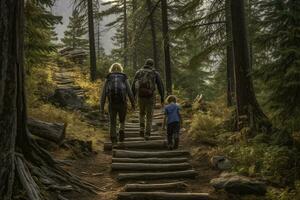 Family hiking in mountain photo