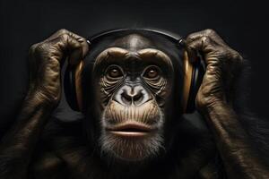 Chimpanzee listening to music - generative AI photo