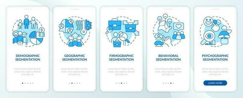 Type of market segmentation blue onboarding mobile app screen. Walkthrough 5 steps editable graphic instructions with linear concepts. UI, UX, GUI templated vector