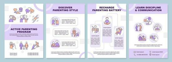 Active parenting program purple brochure template. Leaflet design with linear icons. Editable 4 vector layouts for presentation, annual reports