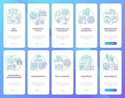 Regenerative agriculture blue gradient onboarding mobile app screens set. Walkthrough 5 steps graphic instructions with linear concepts. UI, UX, GUI templated vector