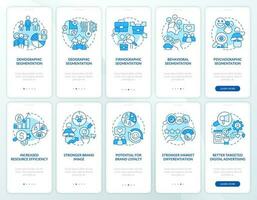 Market segmentation blue onboarding mobile app screen set. Walkthrough 5 steps editable graphic instructions with linear concepts. UI, UX, GUI templated vector