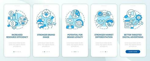 Benefits of market segmentation blue onboarding mobile app screen. Walkthrough 5 steps editable graphic instructions with linear concepts. UI, UX, GUI templated vector