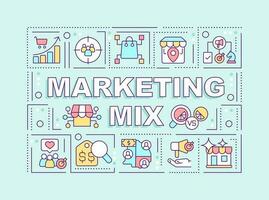 Marketing mix word concepts light blue banner. Promotion strategy. Infographics with editable icons on color background. Isolated typography. Vector illustration with text