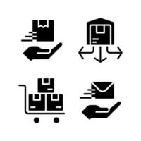 Shipping service black glyph icons set on white space. Delivery and distribution of goods. Send parcel, letter. Silhouette symbols. Solid pictogram pack. Vector isolated illustration