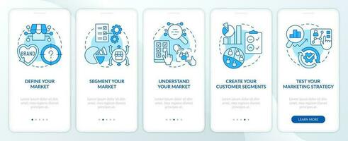 Get started with segmentation blue onboarding mobile app screen. Walkthrough 5 steps editable graphic instructions with linear concepts. UI, UX, GUI templated vector