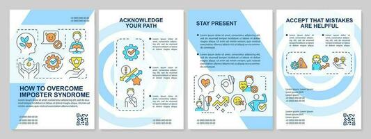 Overcoming impostor feelings tips blue brochure template. Leaflet design with linear icons. Editable 4 vector layouts for presentation, annual reports