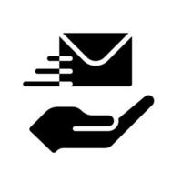 Send letter black glyph icon. Delivery service. Written communication. Receiver address. Envelope delivery. Silhouette symbol on white space. Solid pictogram. Vector isolated illustration