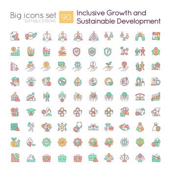 Inclusive growth and sustainable development RGB color icons set. Social equality. Isolated vector illustrations. Simple filled line drawings collection. Editable stroke used