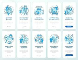 Teen parenting and self esteem blue onboarding mobile app screens set. Walkthrough 5 steps editable graphic instructions with linear concepts. UI, UX, GUI templated vector