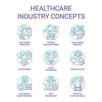 Healthcare industry blue gradient concept icons set. Clinical services. Life science. Medical sector idea thin line color illustrations. Isolated symbols vector