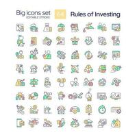 Rules of investment RGB color icons set. Trading on stock market. Financial strategy. Increase money savings. Isolated vector illustrations. Simple filled line drawings collection. Editable stroke