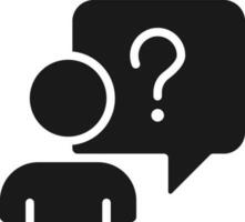 Asking question black glyph icon. Confused person with speech bubble. Information support service. Seeking answers. Silhouette symbol on white space. Solid pictogram. Vector isolated illustration