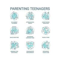 Parenting teenagers turquoise concept icons set. Taking care of adolescent children idea thin line color illustrations. Isolated symbols. Editable stroke vector