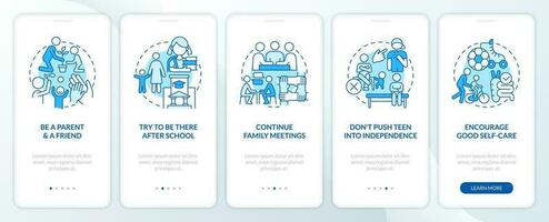 Peaceful teen parenting tips blue onboarding mobile app screen. Family walkthrough 5 steps editable graphic instructions with linear concepts. UI, UX, GUI templated vector