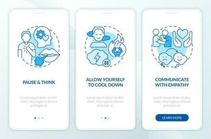 Resolve conflicts with teen blue onboarding mobile app screen. Family walkthrough 3 steps editable graphic instructions with linear concepts. UI, UX, GUI templated vector